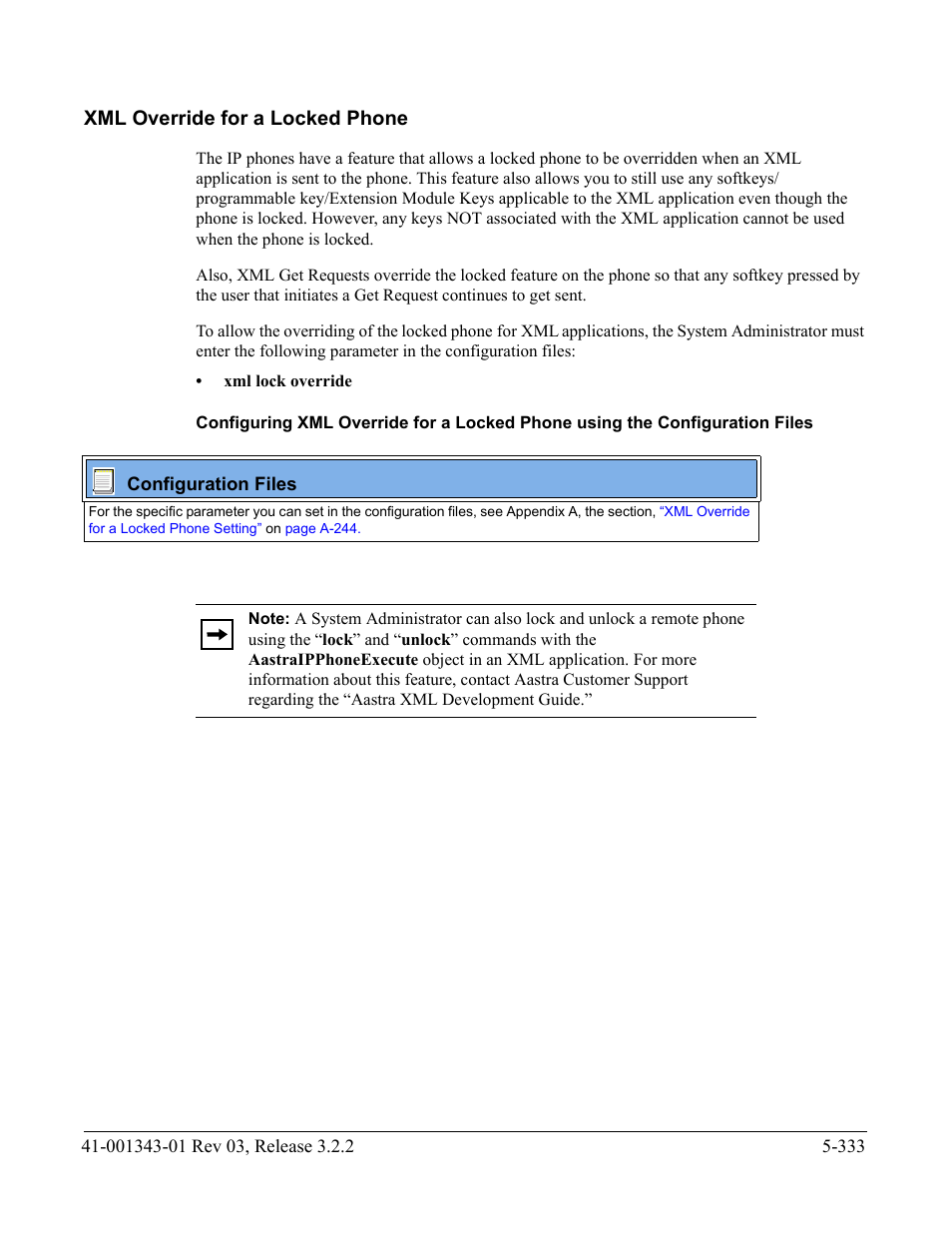Xml override for a locked phone, Xml override for a locked phone -333 | AASTRA 6700i series, 9143, 9480i, 9480i CT SIP Administrator Guide EN User Manual | Page 610 / 1049