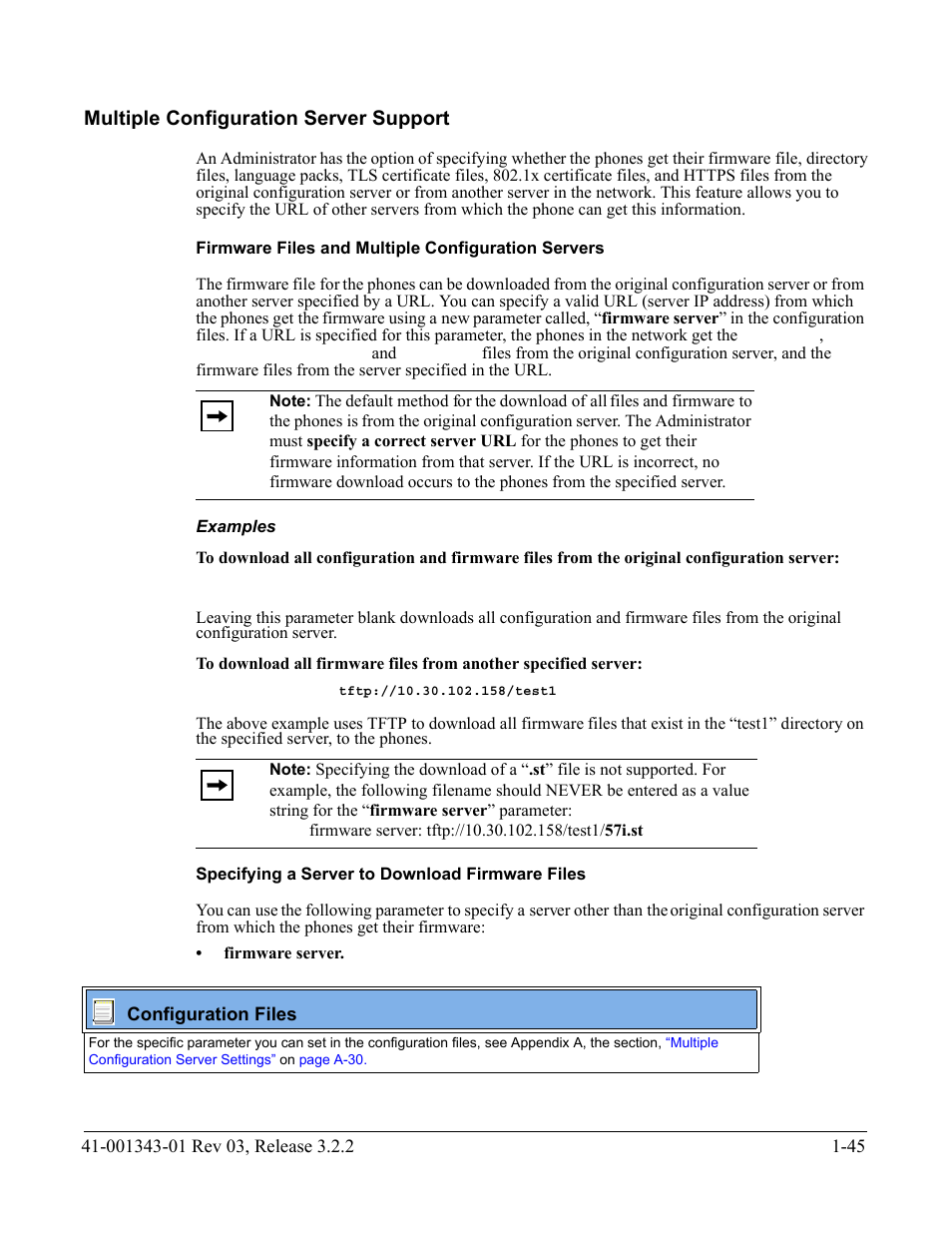 Multiple configuration server support, Firmware files and multiple configuration servers, Examples | Specifying a server to download firmware files, Multiple configuration server support -45 | AASTRA 6700i series, 9143, 9480i, 9480i CT SIP Administrator Guide EN User Manual | Page 62 / 1049