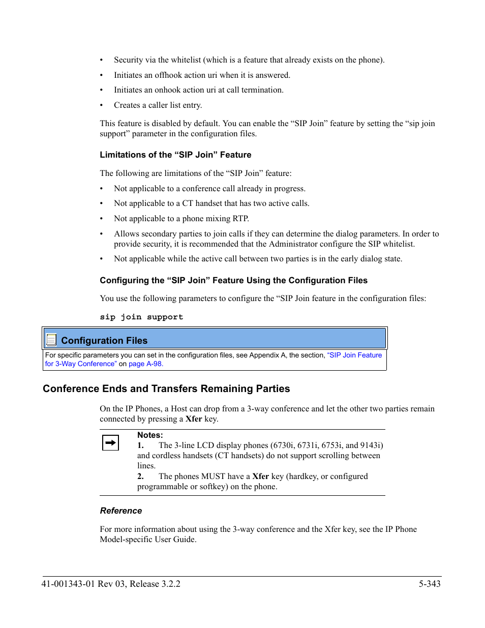 Limitations of the “sip join” feature, Conference ends and transfers remaining parties, Reference | AASTRA 6700i series, 9143, 9480i, 9480i CT SIP Administrator Guide EN User Manual | Page 620 / 1049