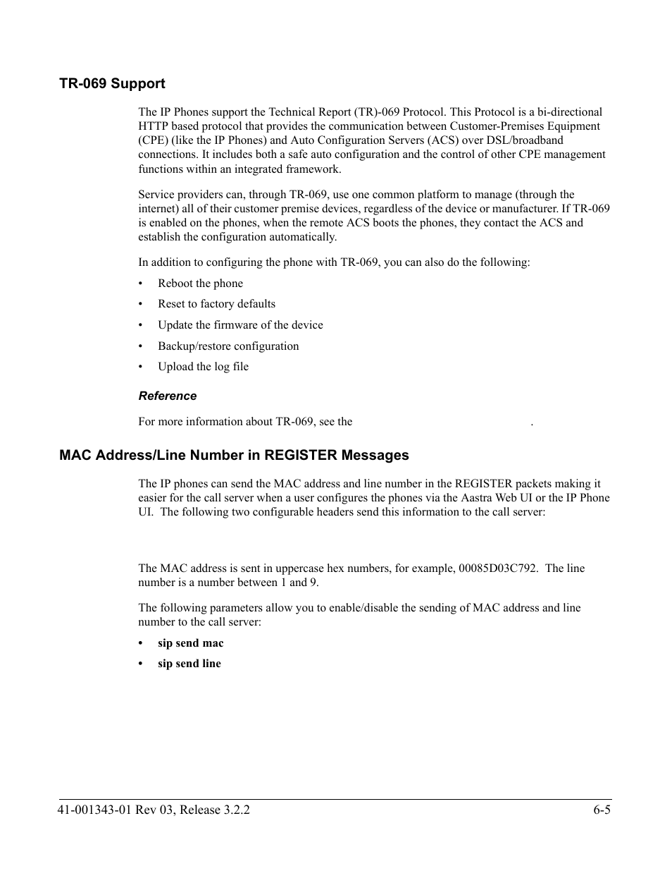 Tr-069 support, Reference, Mac address/line number in register messages | Tr-069 support -5, Mac address/line number in register messages -5, The section | AASTRA 6700i series, 9143, 9480i, 9480i CT SIP Administrator Guide EN User Manual | Page 632 / 1049