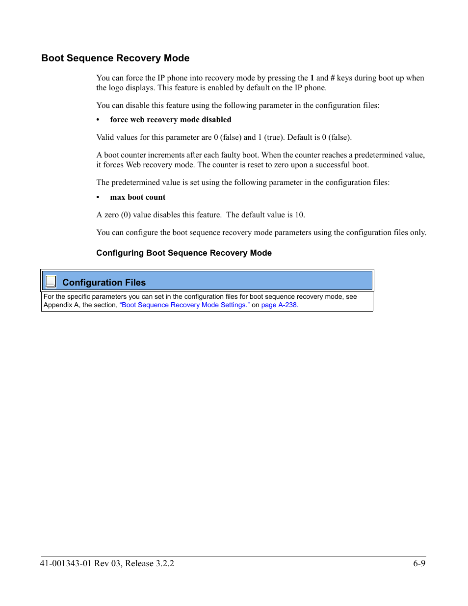 Boot sequence recovery mode, Configuring boot sequence recovery mode, Boot sequence recovery mode -9 | AASTRA 6700i series, 9143, 9480i, 9480i CT SIP Administrator Guide EN User Manual | Page 636 / 1049