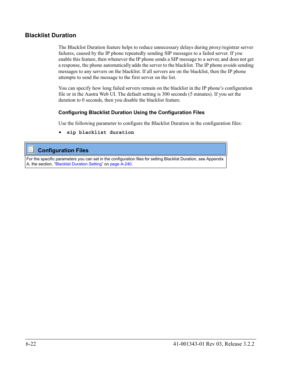 Blacklist duration, Blacklist duration -22, E section | AASTRA 6700i series, 9143, 9480i, 9480i CT SIP Administrator Guide EN User Manual | Page 649 / 1049
