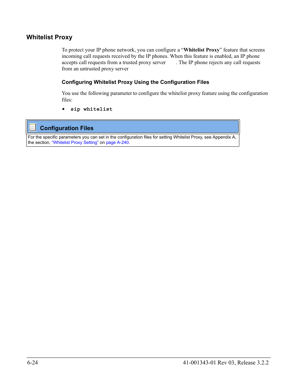 Whitelist proxy, Whitelist proxy -24 | AASTRA 6700i series, 9143, 9480i, 9480i CT SIP Administrator Guide EN User Manual | Page 651 / 1049