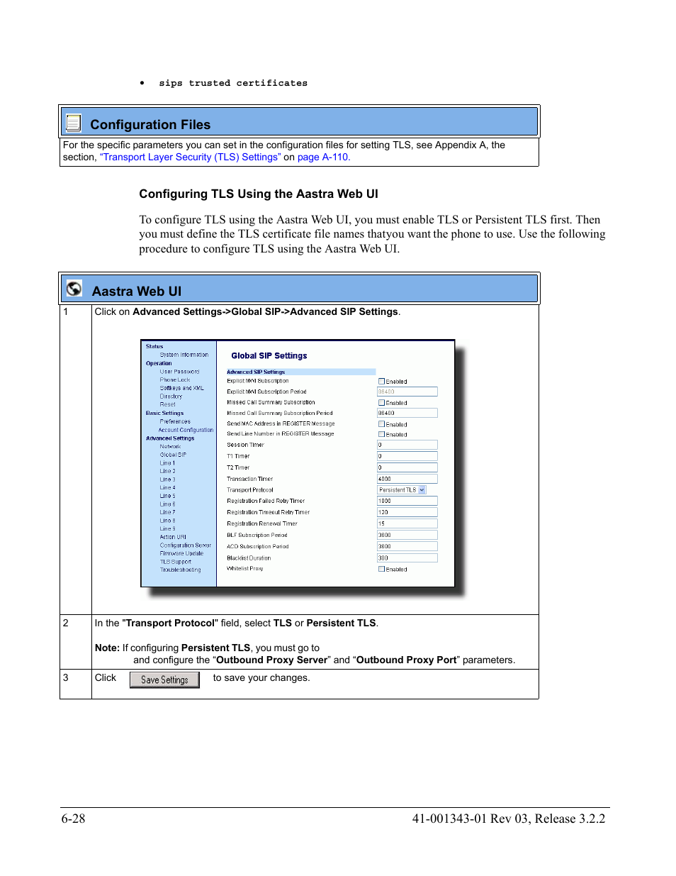 Configuring tls using the aastra web ui | AASTRA 6700i series, 9143, 9480i, 9480i CT SIP Administrator Guide EN User Manual | Page 655 / 1049
