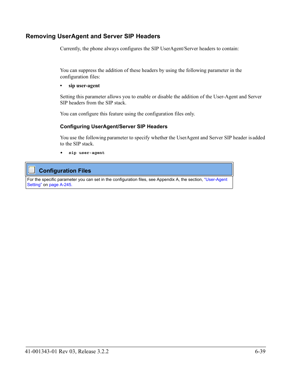 Removing useragent and server sip headers, Configuring useragent/server sip headers, Removing useragent and server sip headers -39 | AASTRA 6700i series, 9143, 9480i, 9480i CT SIP Administrator Guide EN User Manual | Page 666 / 1049