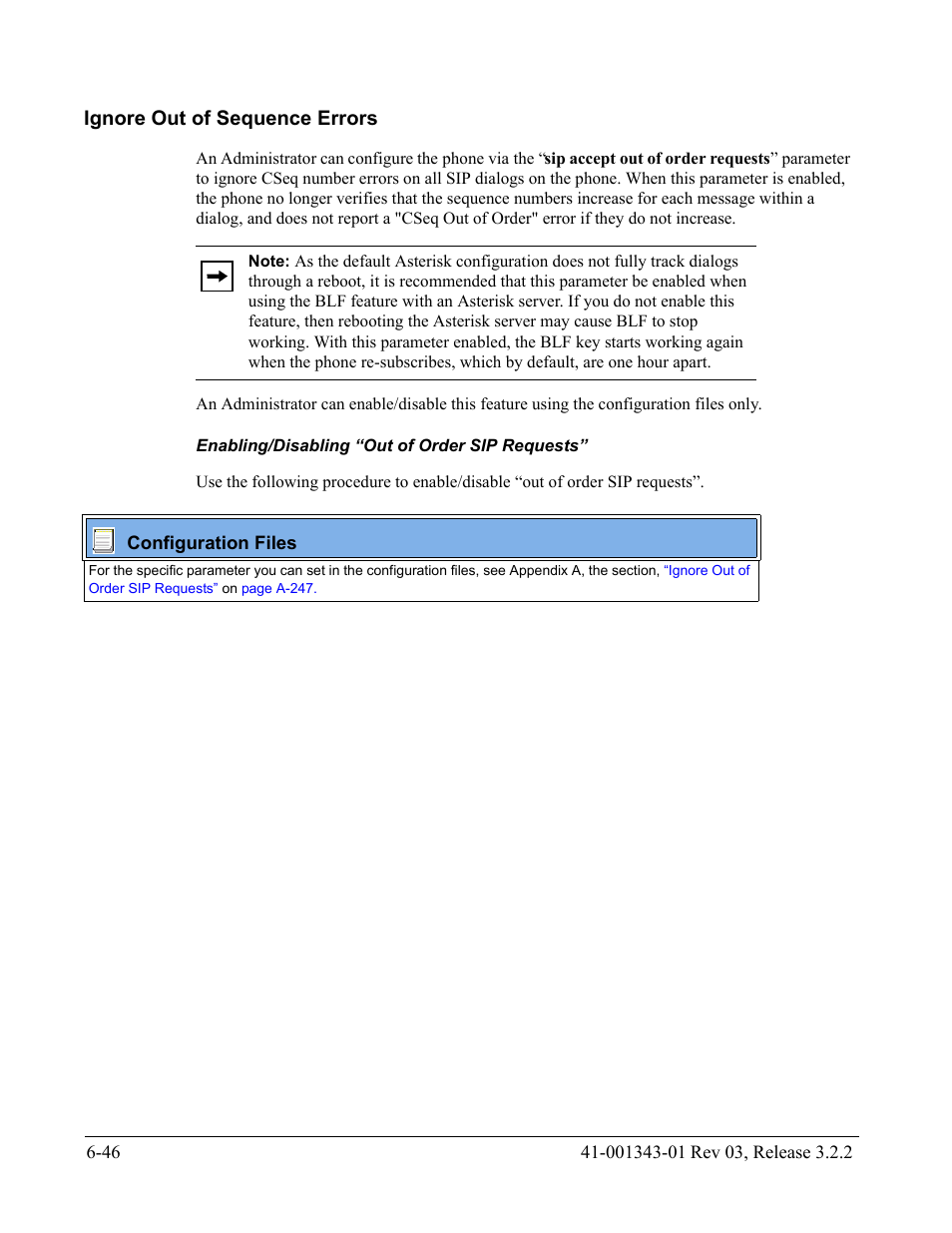 Ignore out of sequence errors, Enabling/disabling “out of order sip requests, Ignore out of sequence errors -46 | AASTRA 6700i series, 9143, 9480i, 9480i CT SIP Administrator Guide EN User Manual | Page 673 / 1049