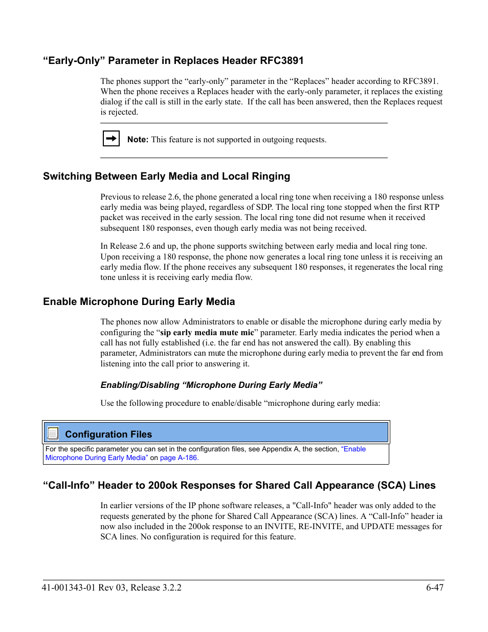 Early-only” parameter in replaces header rfc3891, Switching between early media and local ringing, Enable microphone during early media | Enabling/disabling “microphone during early media, Enable microphone during early media -47 | AASTRA 6700i series, 9143, 9480i, 9480i CT SIP Administrator Guide EN User Manual | Page 674 / 1049