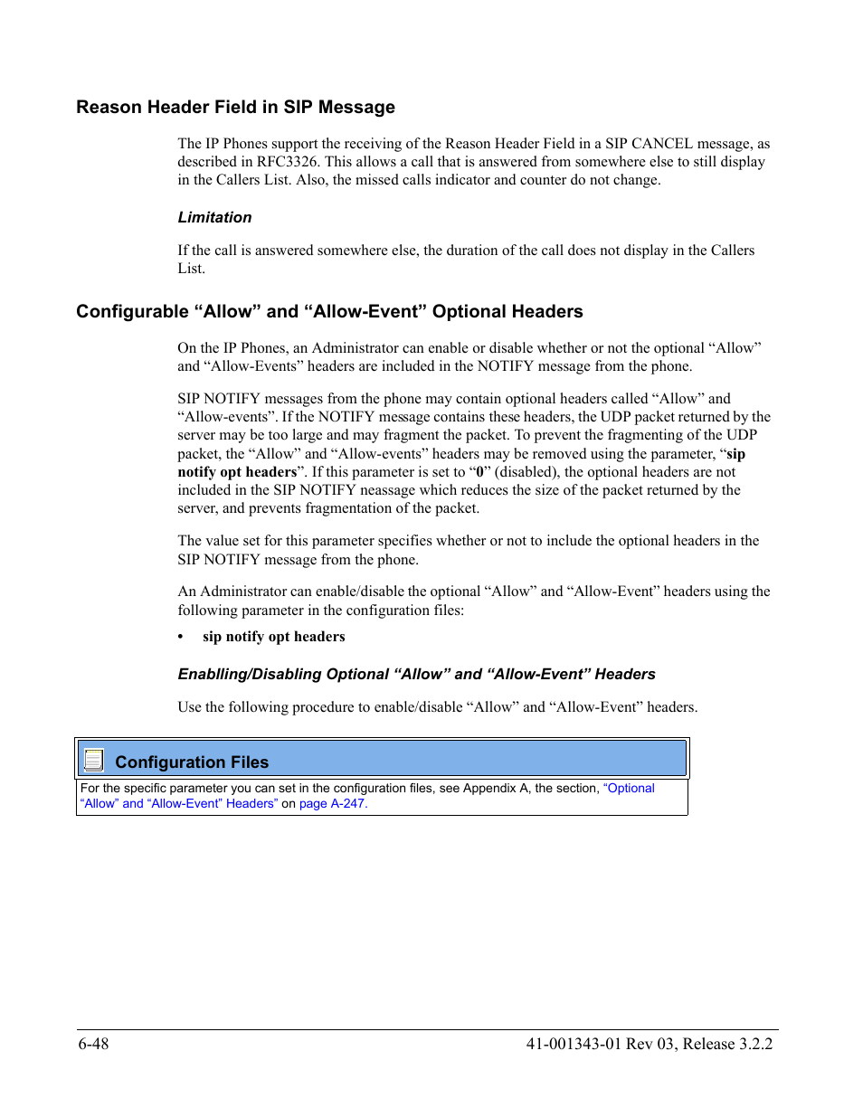 Reason header field in sip message, Limitation, Reason header field in sip message -48 | AASTRA 6700i series, 9143, 9480i, 9480i CT SIP Administrator Guide EN User Manual | Page 675 / 1049