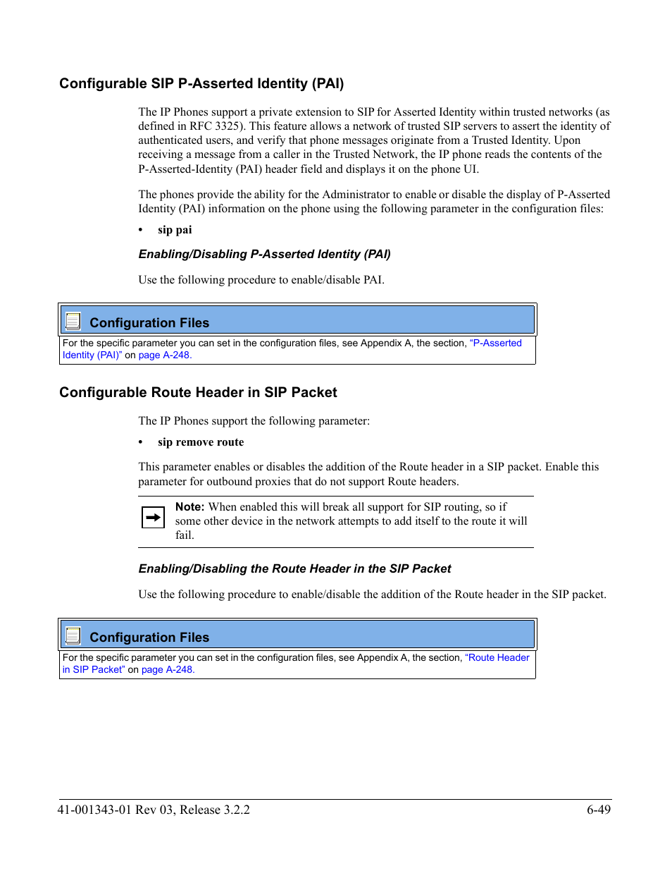 Configurable sip p-asserted identity (pai), Configurable route header in sip packet, Configurable sip p-asserted identity (pai) -49 | Configurable route header in sip packet -49 | AASTRA 6700i series, 9143, 9480i, 9480i CT SIP Administrator Guide EN User Manual | Page 676 / 1049