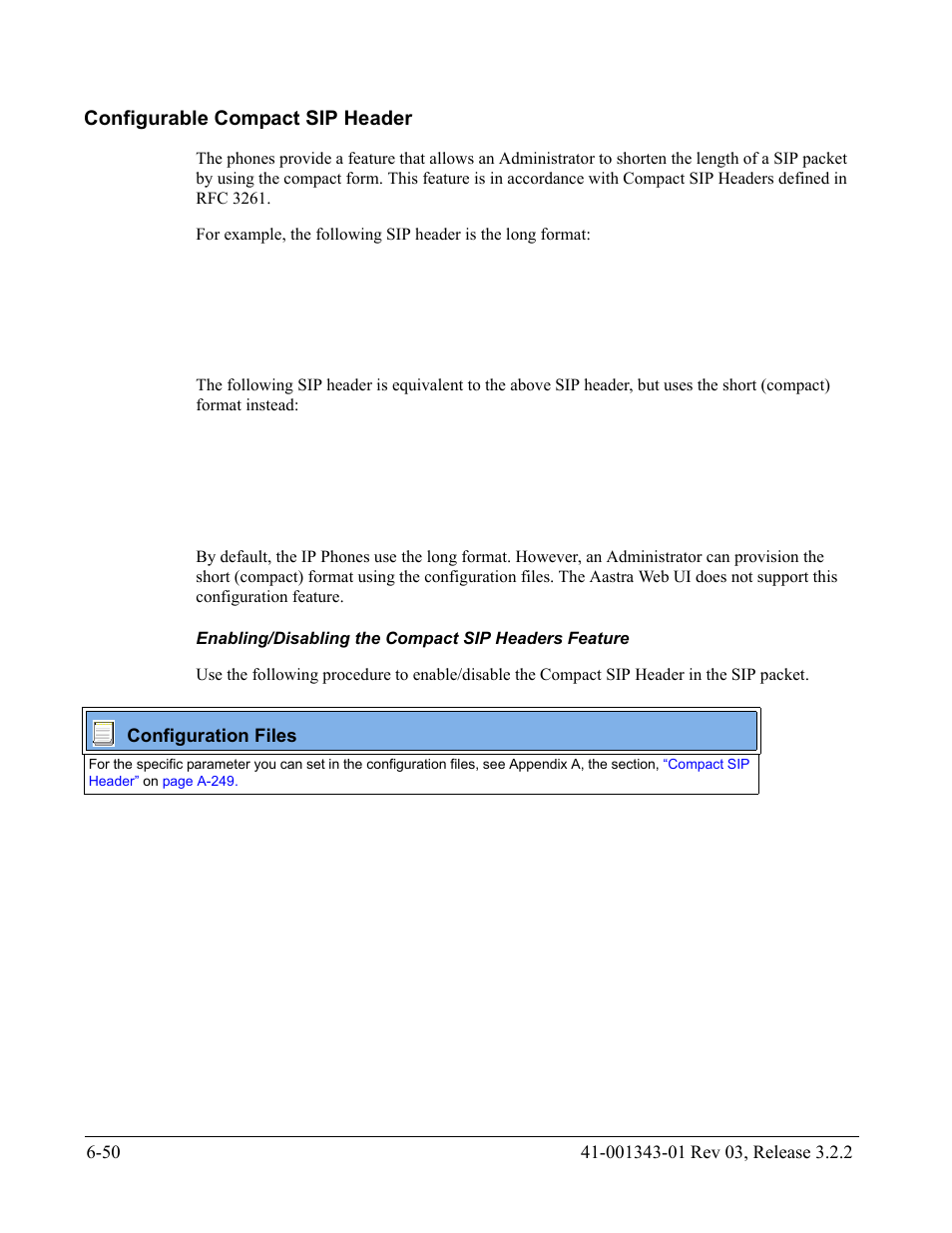 Configurable compact sip header, Enabling/disabling the compact sip headers feature, Configurable compact sip header -50 | AASTRA 6700i series, 9143, 9480i, 9480i CT SIP Administrator Guide EN User Manual | Page 677 / 1049