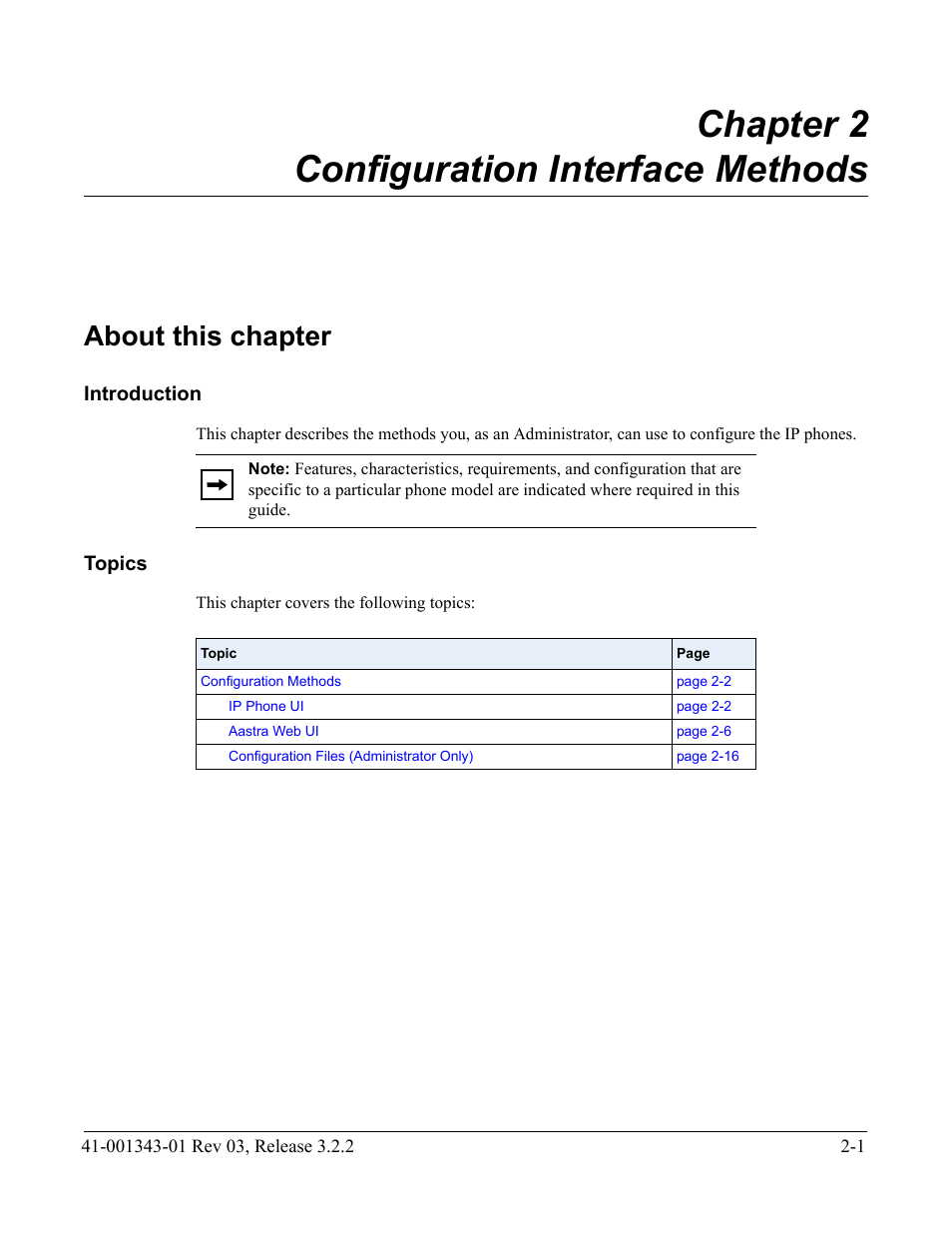 Chapter 2 configuration interface methods, About this chapter, Chapter 2 | AASTRA 6700i series, 9143, 9480i, 9480i CT SIP Administrator Guide EN User Manual | Page 68 / 1049