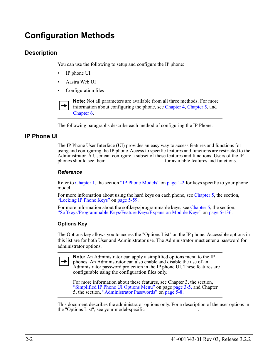 Configuration methods, Description, Ip phone ui | Reference, Options key, Configuration methods -2, Description -2, Ip phone ui -2 | AASTRA 6700i series, 9143, 9480i, 9480i CT SIP Administrator Guide EN User Manual | Page 69 / 1049