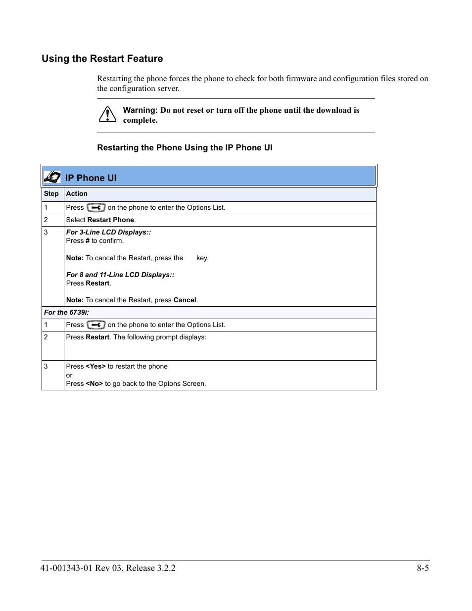 Using the restart feature, Restarting the phone using the ip phone ui, Using the restart feature -5 | AASTRA 6700i series, 9143, 9480i, 9480i CT SIP Administrator Guide EN User Manual | Page 698 / 1049