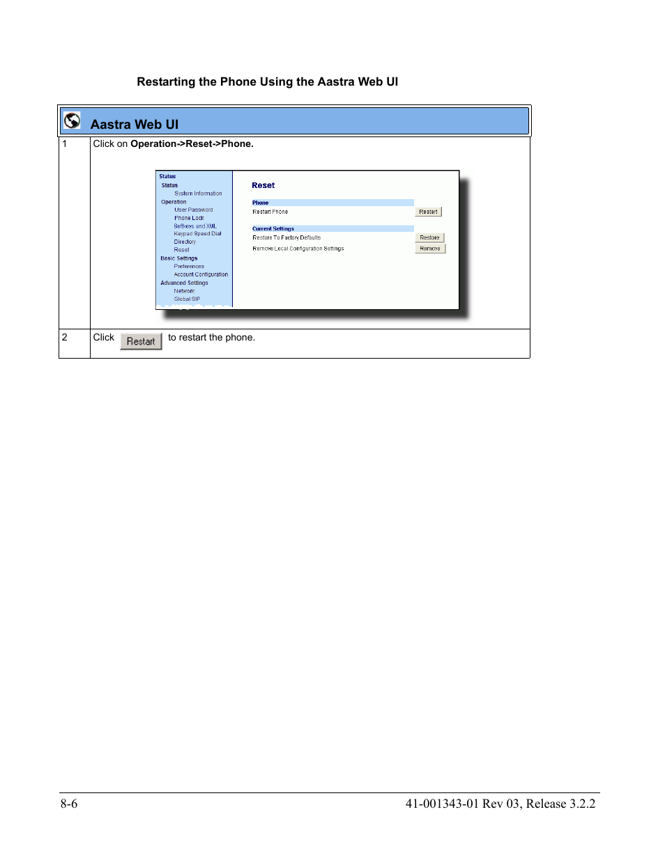 Restarting the phone using the aastra web ui | AASTRA 6700i series, 9143, 9480i, 9480i CT SIP Administrator Guide EN User Manual | Page 699 / 1049