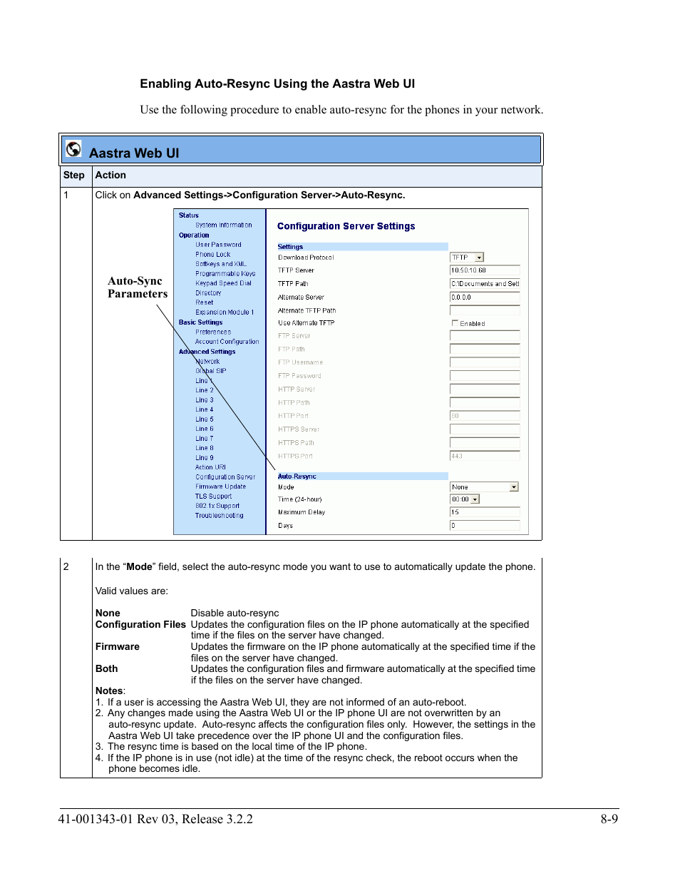 Enabling auto-resync using the aastra web ui | AASTRA 6700i series, 9143, 9480i, 9480i CT SIP Administrator Guide EN User Manual | Page 702 / 1049