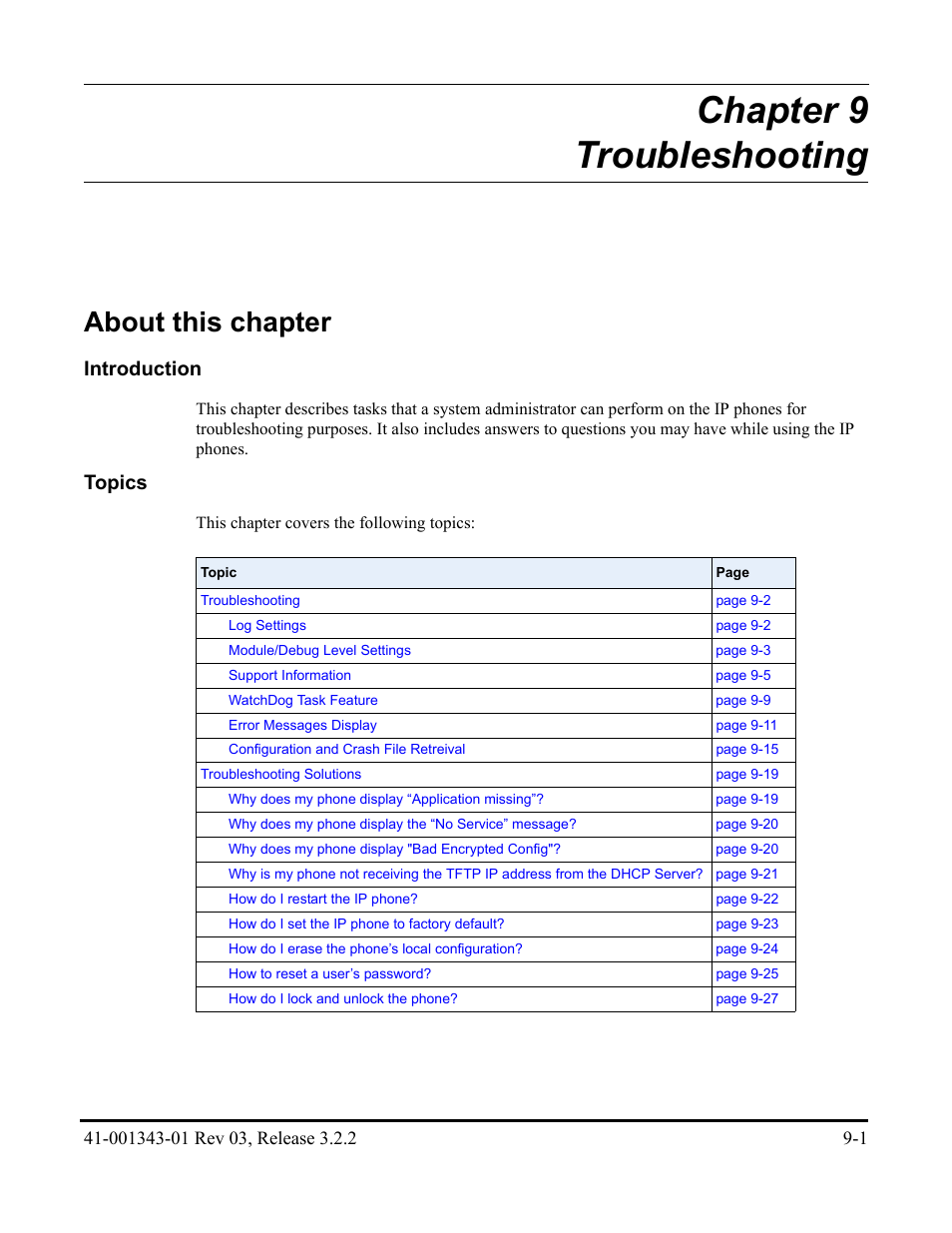 Chapter 9 troubleshooting, About this chapter, Chapter 9 | Introduction, Topics | AASTRA 6700i series, 9143, 9480i, 9480i CT SIP Administrator Guide EN User Manual | Page 704 / 1049