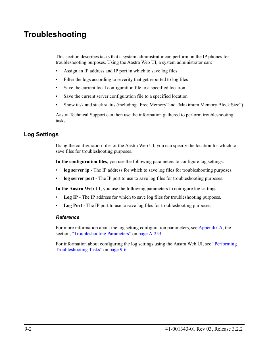 Troubleshooting, Log settings, Reference | Troubleshooting -2, Log settings -2 | AASTRA 6700i series, 9143, 9480i, 9480i CT SIP Administrator Guide EN User Manual | Page 705 / 1049