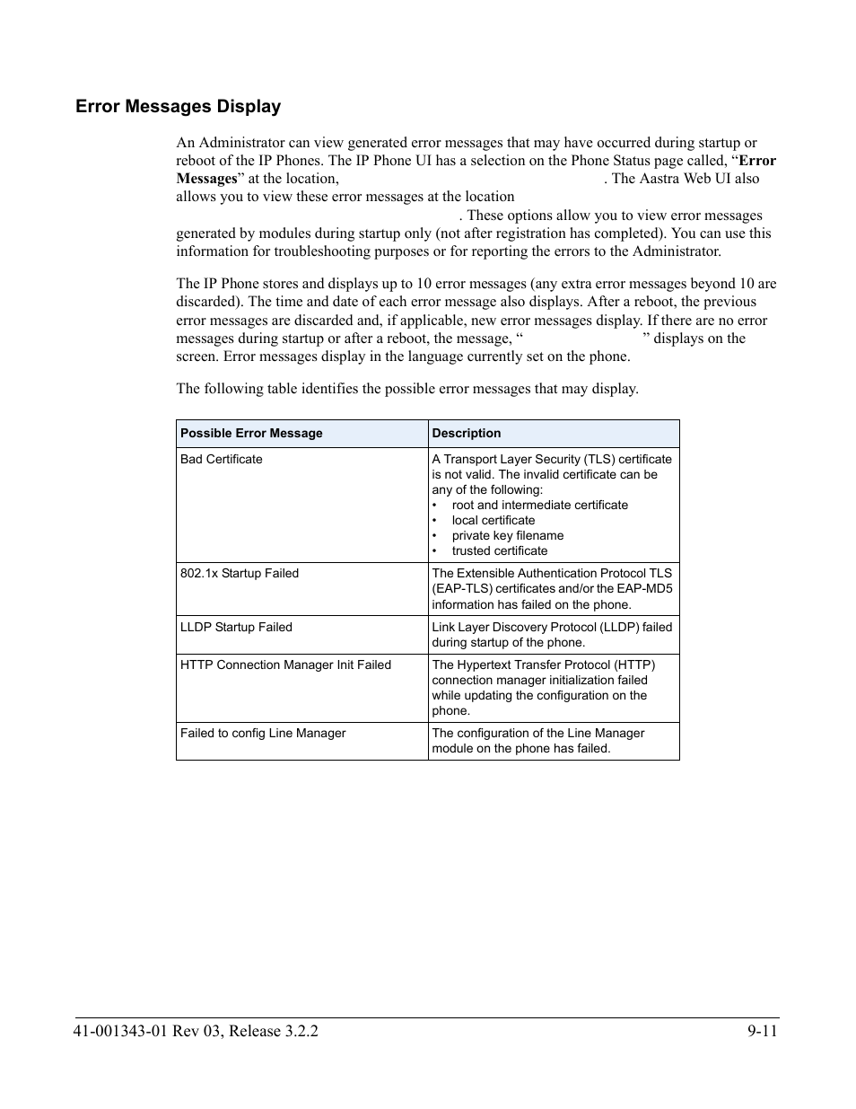 Error messages display, Error messages display -11 | AASTRA 6700i series, 9143, 9480i, 9480i CT SIP Administrator Guide EN User Manual | Page 714 / 1049