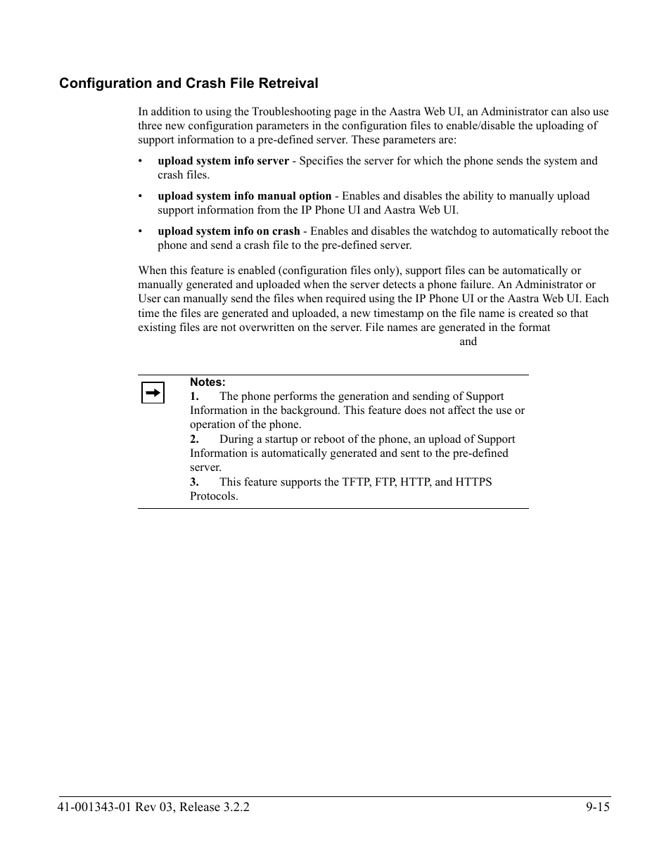 Configuration and crash file retreival, Configuration and crash file retreival -15, Configuration | And crash file retreival | AASTRA 6700i series, 9143, 9480i, 9480i CT SIP Administrator Guide EN User Manual | Page 718 / 1049