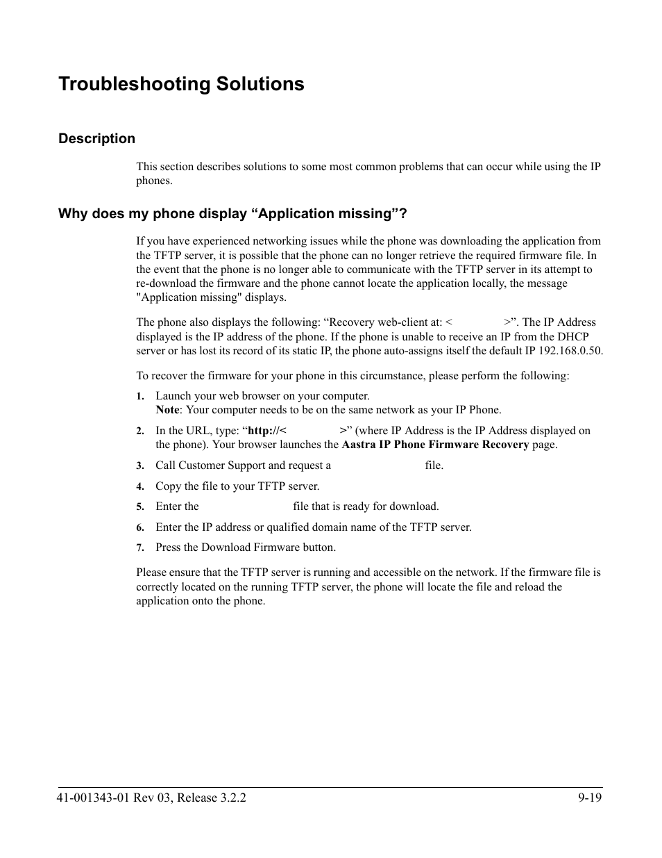 Troubleshooting solutions, Description, Why does my phone display “application missing | Troubleshooting solutions -19, Description -19 | AASTRA 6700i series, 9143, 9480i, 9480i CT SIP Administrator Guide EN User Manual | Page 722 / 1049