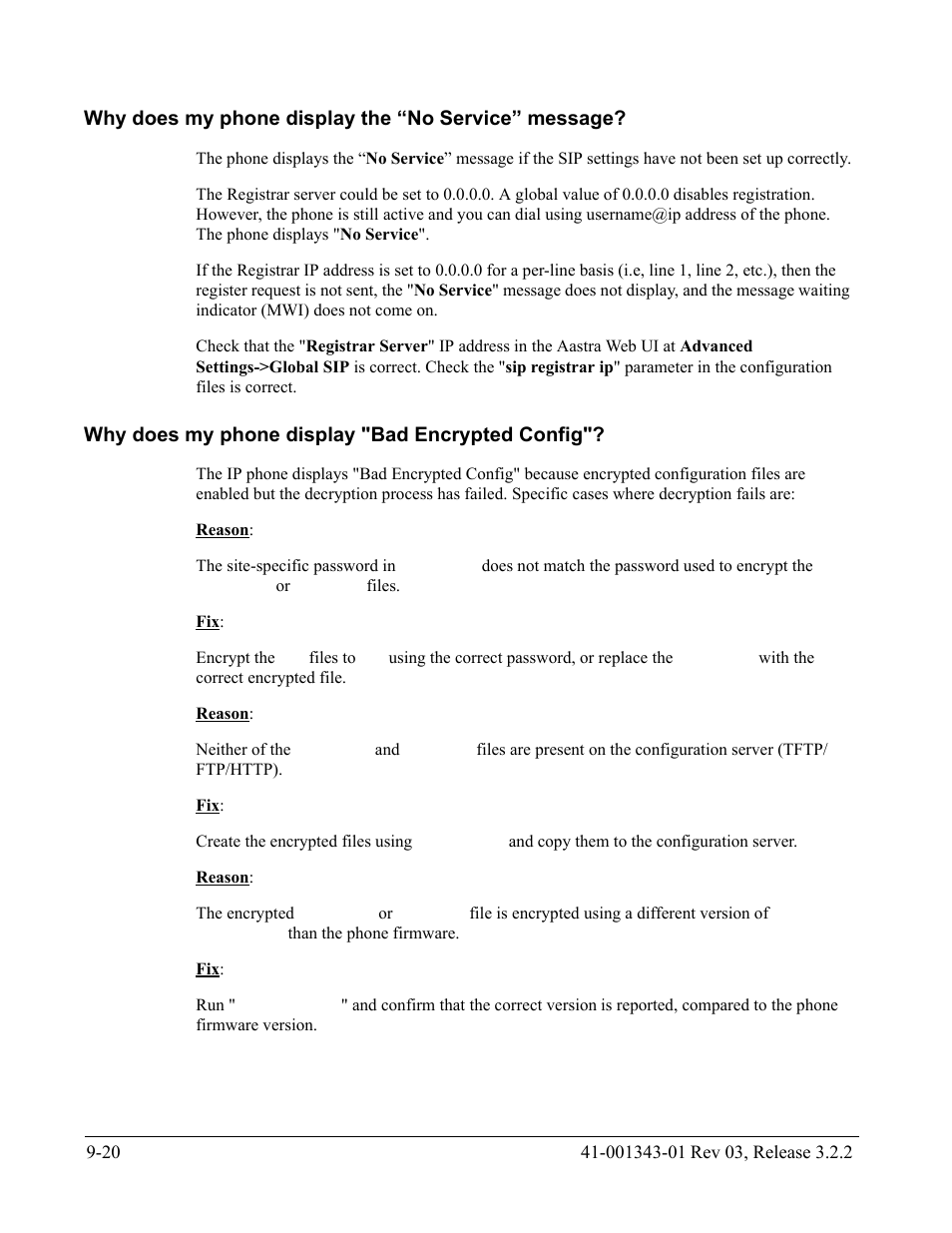 Why does my phone display the “no service” message, Why does my phone display "bad encrypted config | AASTRA 6700i series, 9143, 9480i, 9480i CT SIP Administrator Guide EN User Manual | Page 723 / 1049