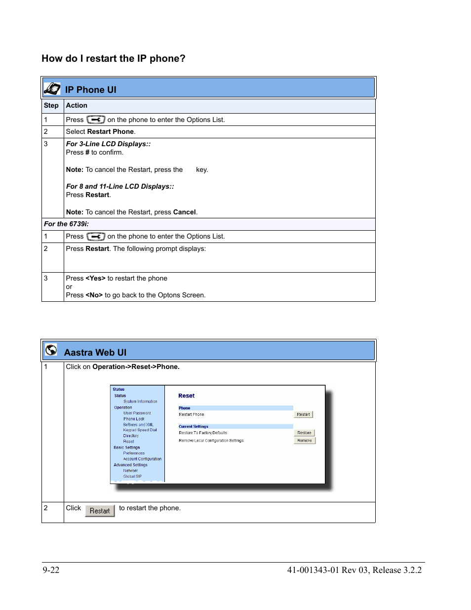 How do i restart the ip phone, How do i restart the ip phone? -22 | AASTRA 6700i series, 9143, 9480i, 9480i CT SIP Administrator Guide EN User Manual | Page 725 / 1049