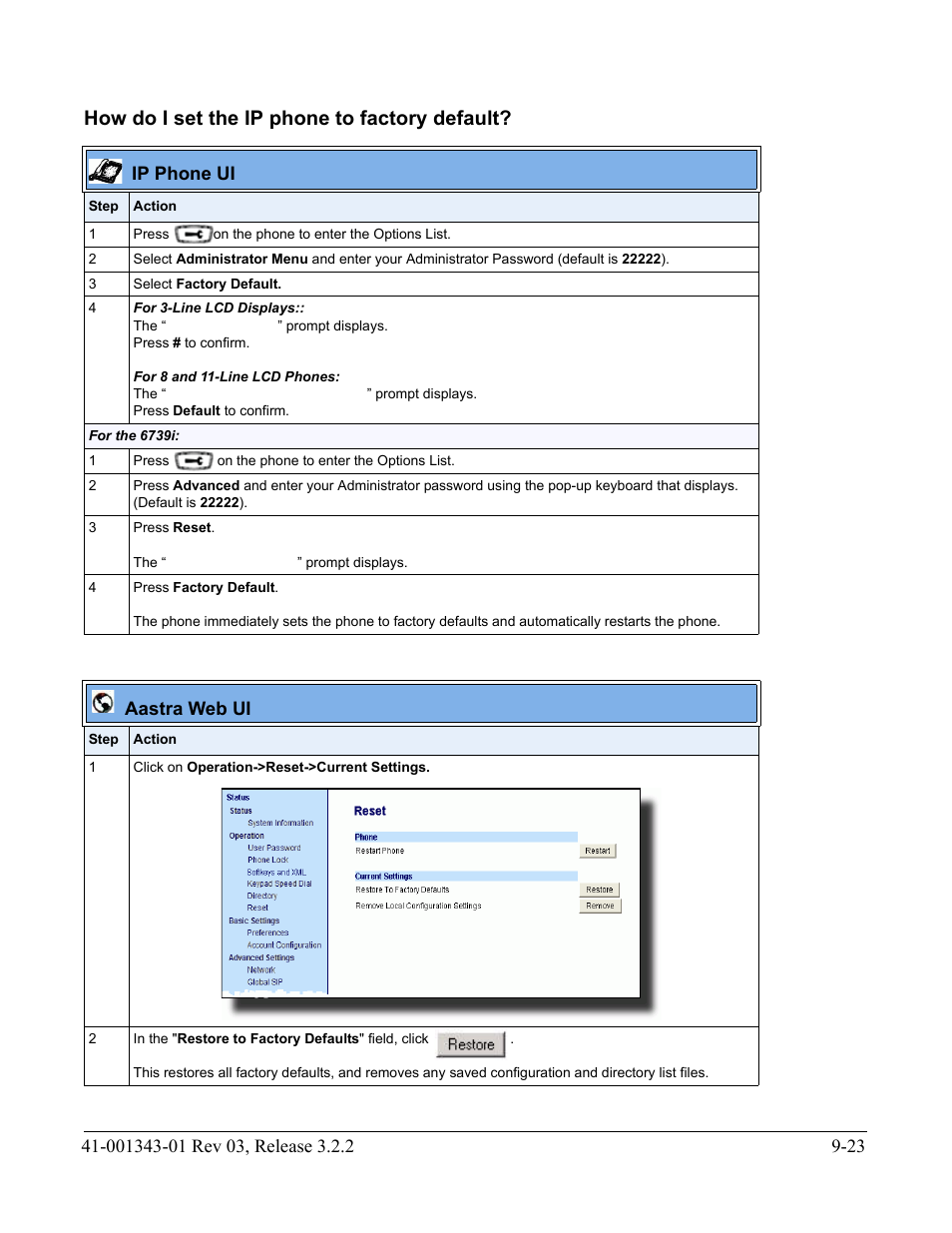 How do i set the ip phone to factory default, How do i set the ip phone to factory default? -23 | AASTRA 6700i series, 9143, 9480i, 9480i CT SIP Administrator Guide EN User Manual | Page 726 / 1049