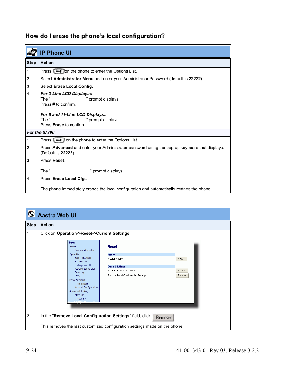 How do i erase the phone’s local configuration | AASTRA 6700i series, 9143, 9480i, 9480i CT SIP Administrator Guide EN User Manual | Page 727 / 1049