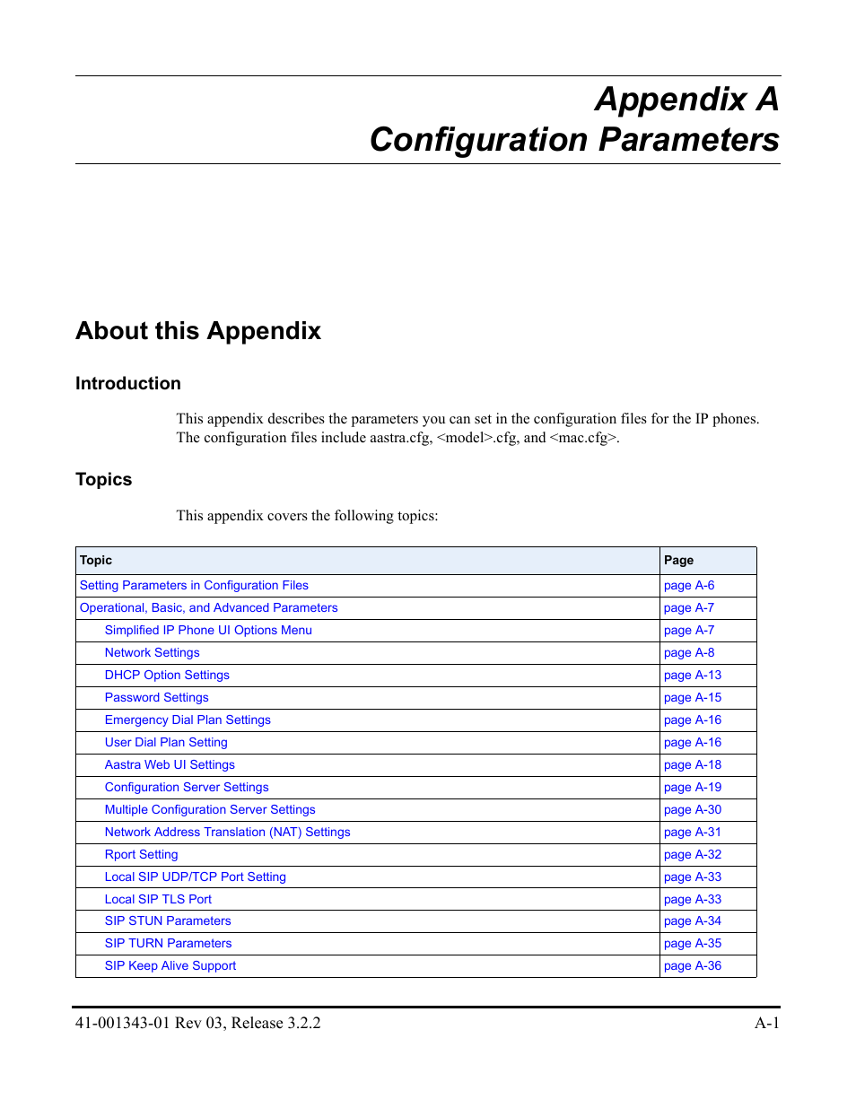 Appendix a configuration parameters, About this appendix, Appendix a | Appendix a, “configuration, Parameters, Configuration parameters, Files, see, Parameters, see, The section, Introduction | AASTRA 6700i series, 9143, 9480i, 9480i CT SIP Administrator Guide EN User Manual | Page 732 / 1049