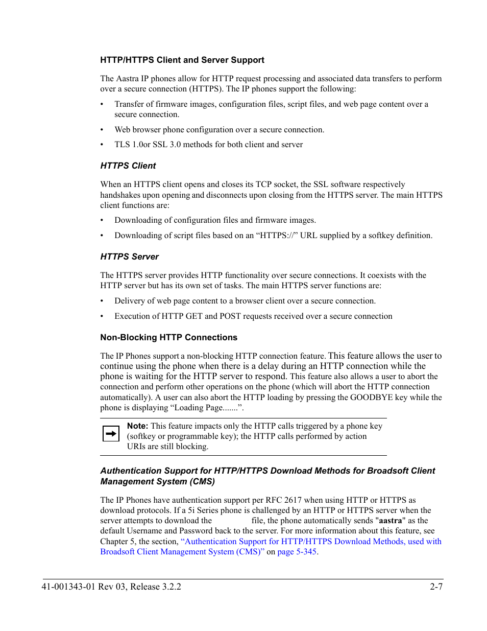 Http/https client and server support, Https client, Https server | Non-blocking http connections | AASTRA 6700i series, 9143, 9480i, 9480i CT SIP Administrator Guide EN User Manual | Page 74 / 1049