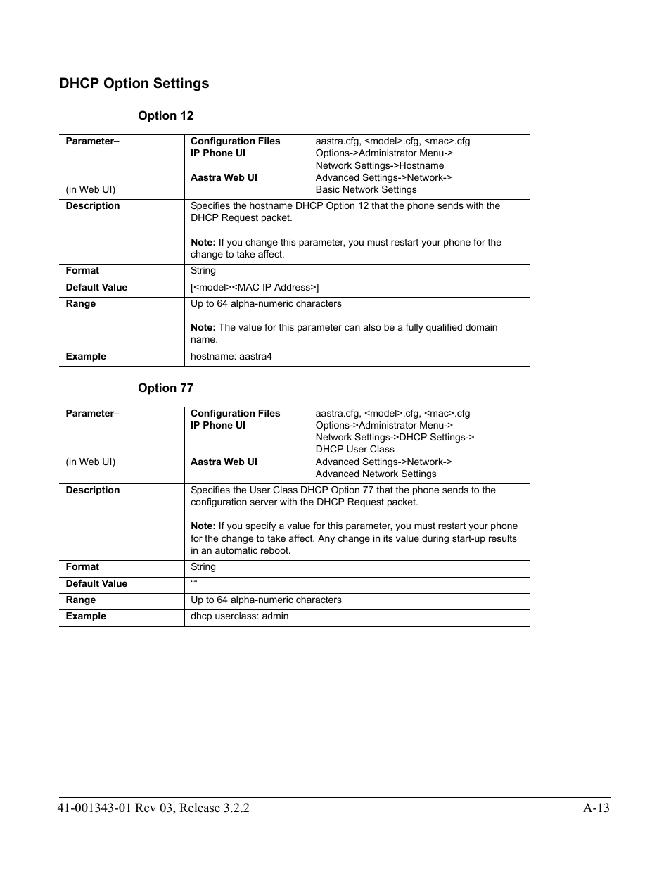 Dhcp option settings, Option 12, Option 77 | Dhcp option, Settings | AASTRA 6700i series, 9143, 9480i, 9480i CT SIP Administrator Guide EN User Manual | Page 744 / 1049