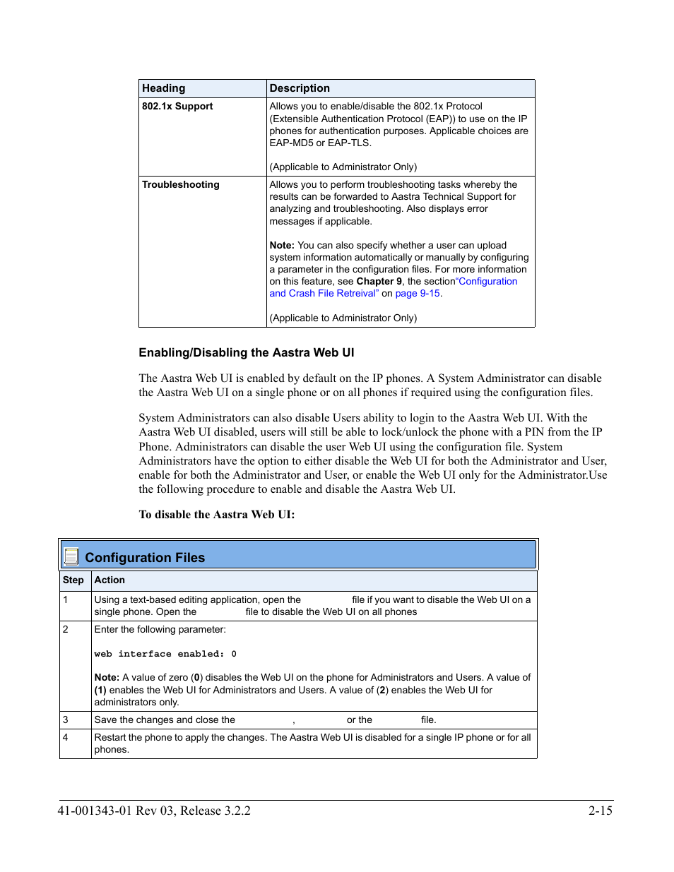 Enabling/disabling the aastra web ui, Enabling/disabling the, Aastra web ui | AASTRA 6700i series, 9143, 9480i, 9480i CT SIP Administrator Guide EN User Manual | Page 82 / 1049