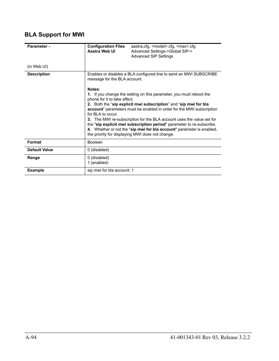 Bla support for mwi | AASTRA 6700i series, 9143, 9480i, 9480i CT SIP Administrator Guide EN User Manual | Page 825 / 1049