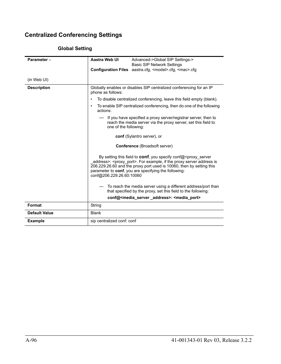 Centralized conferencing settings, Global setting | AASTRA 6700i series, 9143, 9480i, 9480i CT SIP Administrator Guide EN User Manual | Page 827 / 1049