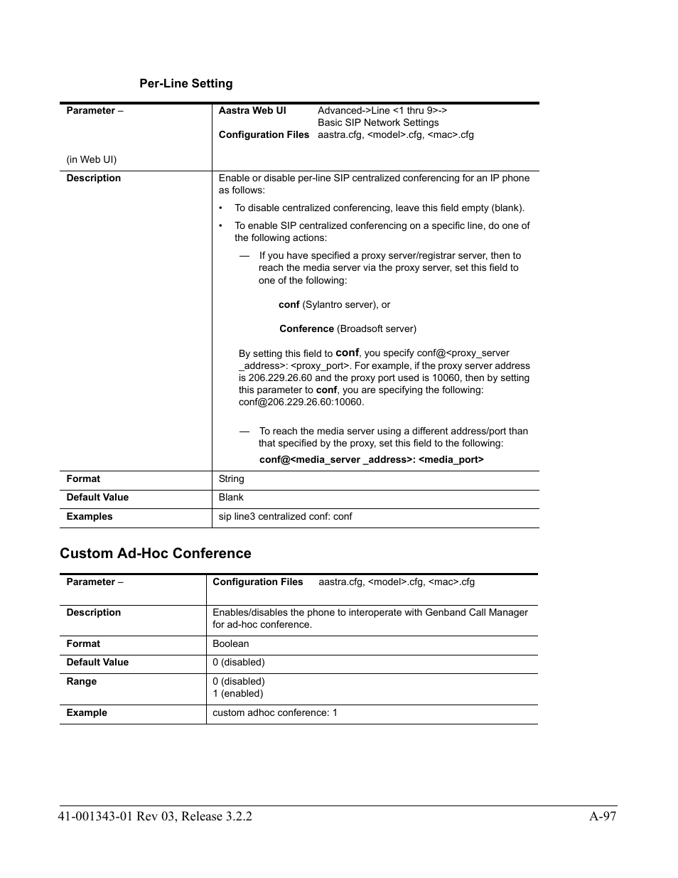 Per-line setting, Custom ad-hoc conference, Custom ad-hoc | Conference | AASTRA 6700i series, 9143, 9480i, 9480i CT SIP Administrator Guide EN User Manual | Page 828 / 1049