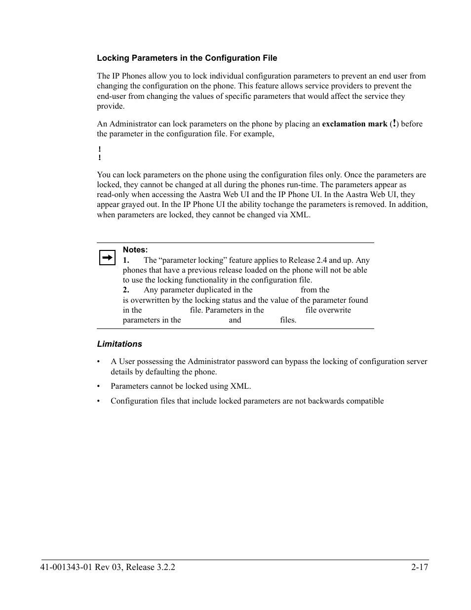 Locking parameters in the configuration file, Limitations | AASTRA 6700i series, 9143, 9480i, 9480i CT SIP Administrator Guide EN User Manual | Page 84 / 1049