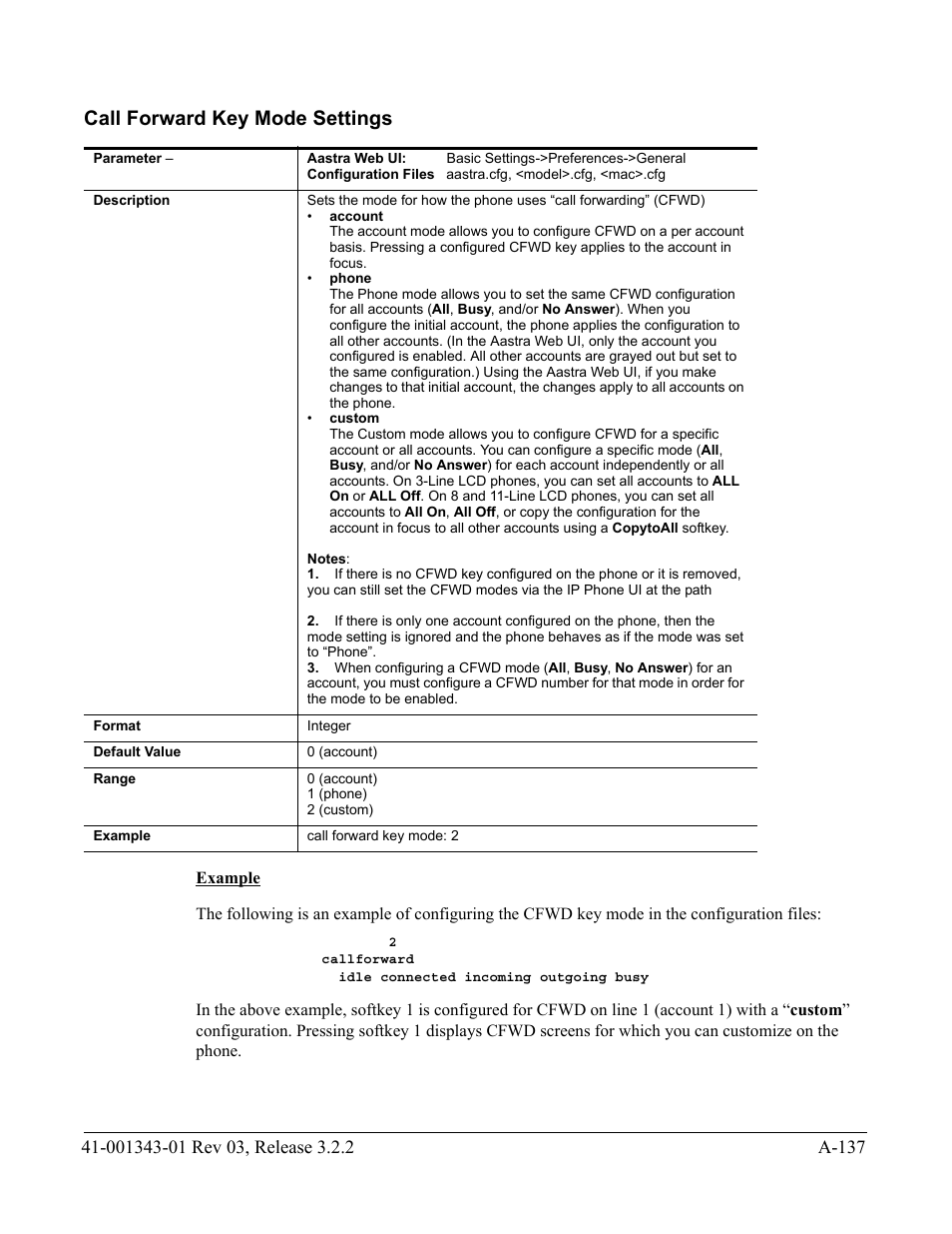 Call forward key mode settings, Call forward, Key mode settings | AASTRA 6700i series, 9143, 9480i, 9480i CT SIP Administrator Guide EN User Manual | Page 868 / 1049