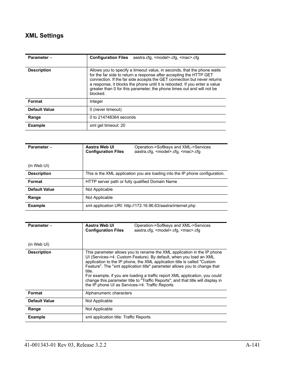 Xml settings, Tion, Settings | AASTRA 6700i series, 9143, 9480i, 9480i CT SIP Administrator Guide EN User Manual | Page 872 / 1049