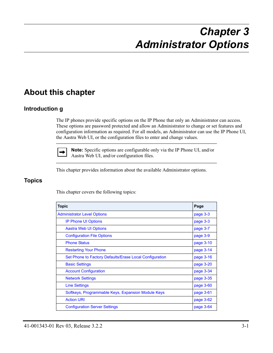Chapter 3 administrator options, About this chapter, Chapter 3 | Introduction g, Topics | AASTRA 6700i series, 9143, 9480i, 9480i CT SIP Administrator Guide EN User Manual | Page 88 / 1049