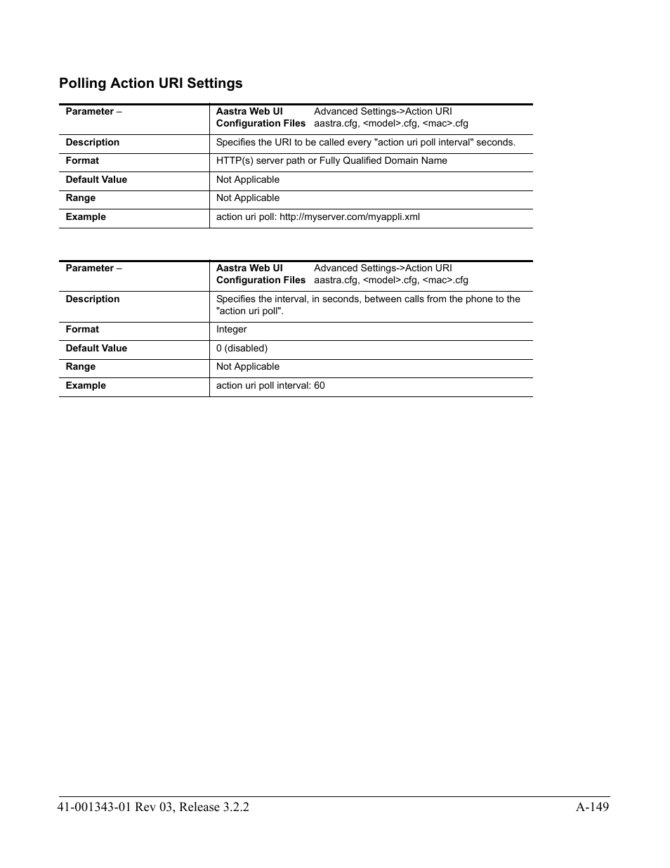 Polling action uri settings, Section, Polling action | Uri settings | AASTRA 6700i series, 9143, 9480i, 9480i CT SIP Administrator Guide EN User Manual | Page 880 / 1049