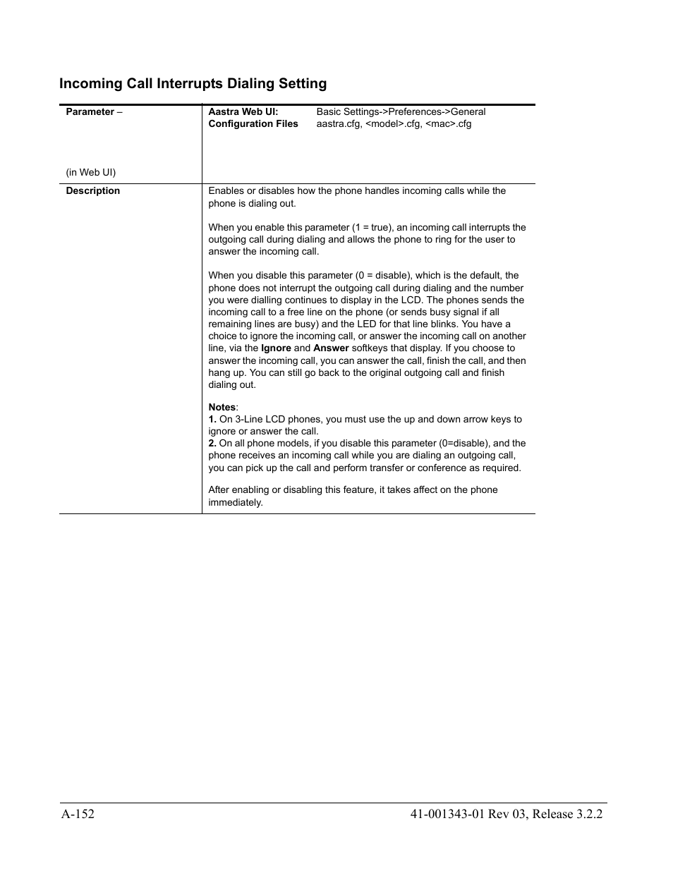 Incoming call interrupts dialing setting, Incoming call interrupts, Dialing setting | AASTRA 6700i series, 9143, 9480i, 9480i CT SIP Administrator Guide EN User Manual | Page 883 / 1049