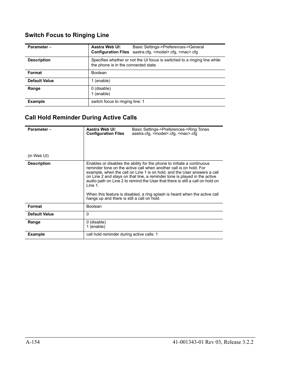 Switch focus to ringing line, Call hold reminder during active calls | AASTRA 6700i series, 9143, 9480i, 9480i CT SIP Administrator Guide EN User Manual | Page 885 / 1049