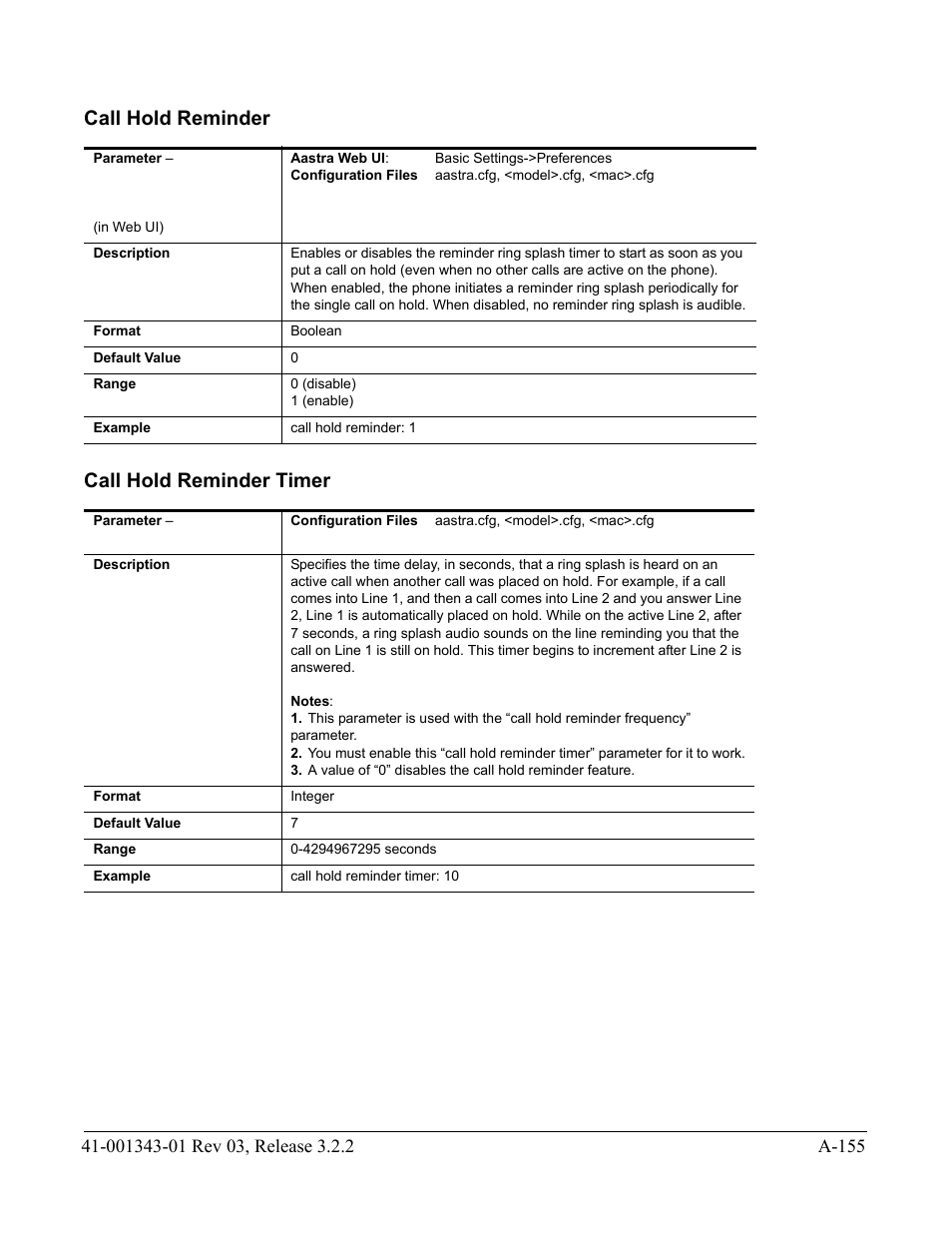 Call hold reminder, Call hold reminder timer, Call hold reminder call hold reminder timer | AASTRA 6700i series, 9143, 9480i, 9480i CT SIP Administrator Guide EN User Manual | Page 886 / 1049