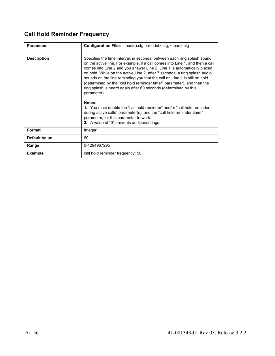 Call hold reminder frequency | AASTRA 6700i series, 9143, 9480i, 9480i CT SIP Administrator Guide EN User Manual | Page 887 / 1049