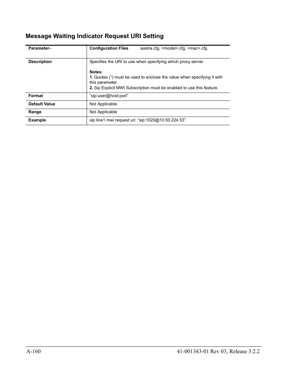 Message waiting indicator request uri setting | AASTRA 6700i series, 9143, 9480i, 9480i CT SIP Administrator Guide EN User Manual | Page 891 / 1049