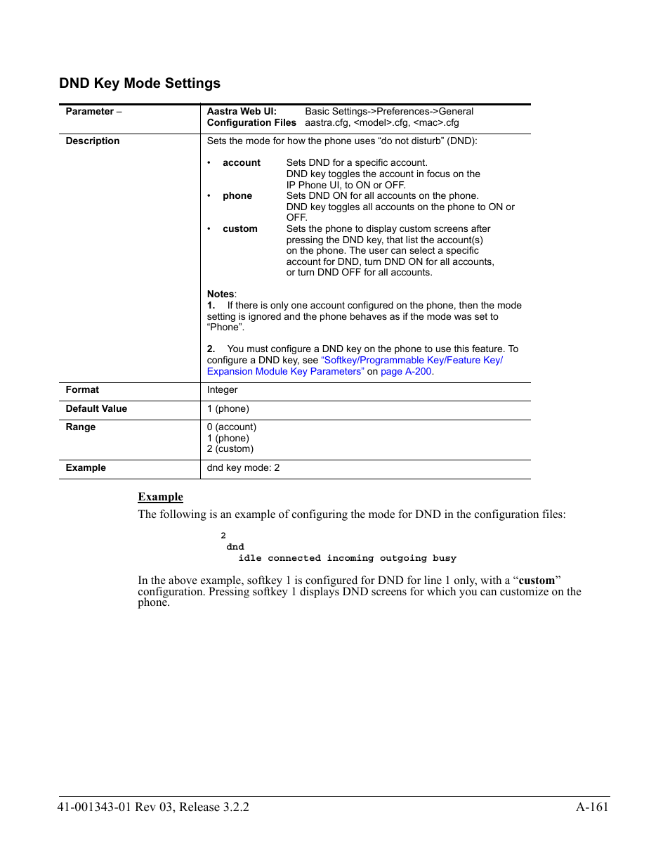 Dnd key mode settings, Dnd key mode, Settings | AASTRA 6700i series, 9143, 9480i, 9480i CT SIP Administrator Guide EN User Manual | Page 892 / 1049
