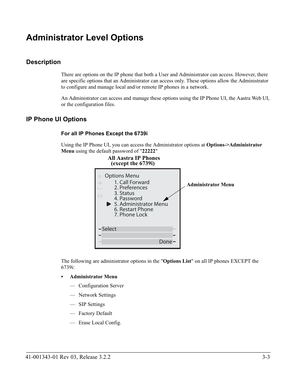 Administrator level options, Description, Ip phone ui options | For all ip phones except the 6739i, Administrator level options -3, Description -3, Ip phone ui options -3 | AASTRA 6700i series, 9143, 9480i, 9480i CT SIP Administrator Guide EN User Manual | Page 90 / 1049