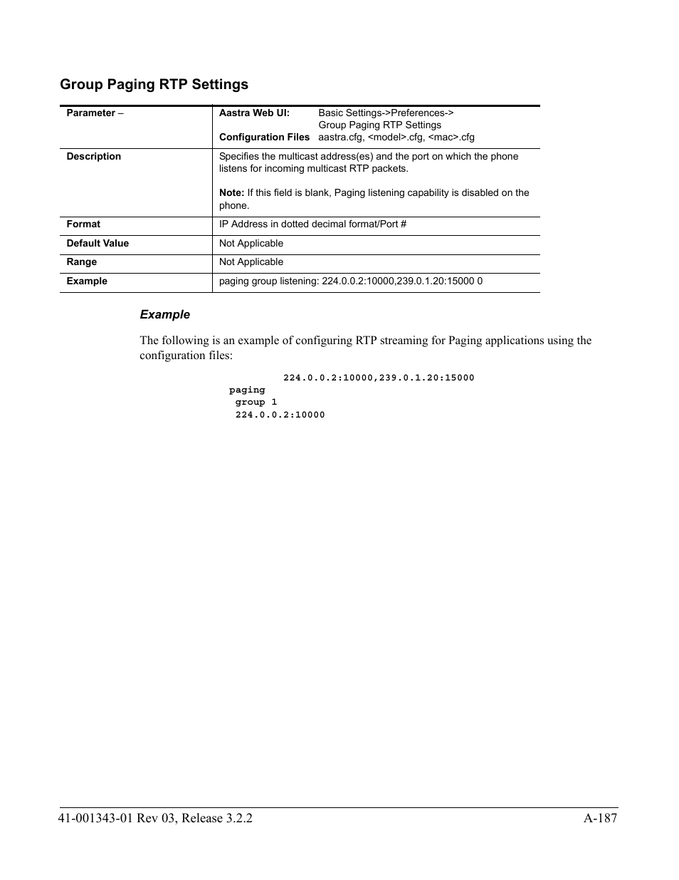 Group paging rtp settings, Example | AASTRA 6700i series, 9143, 9480i, 9480i CT SIP Administrator Guide EN User Manual | Page 918 / 1049