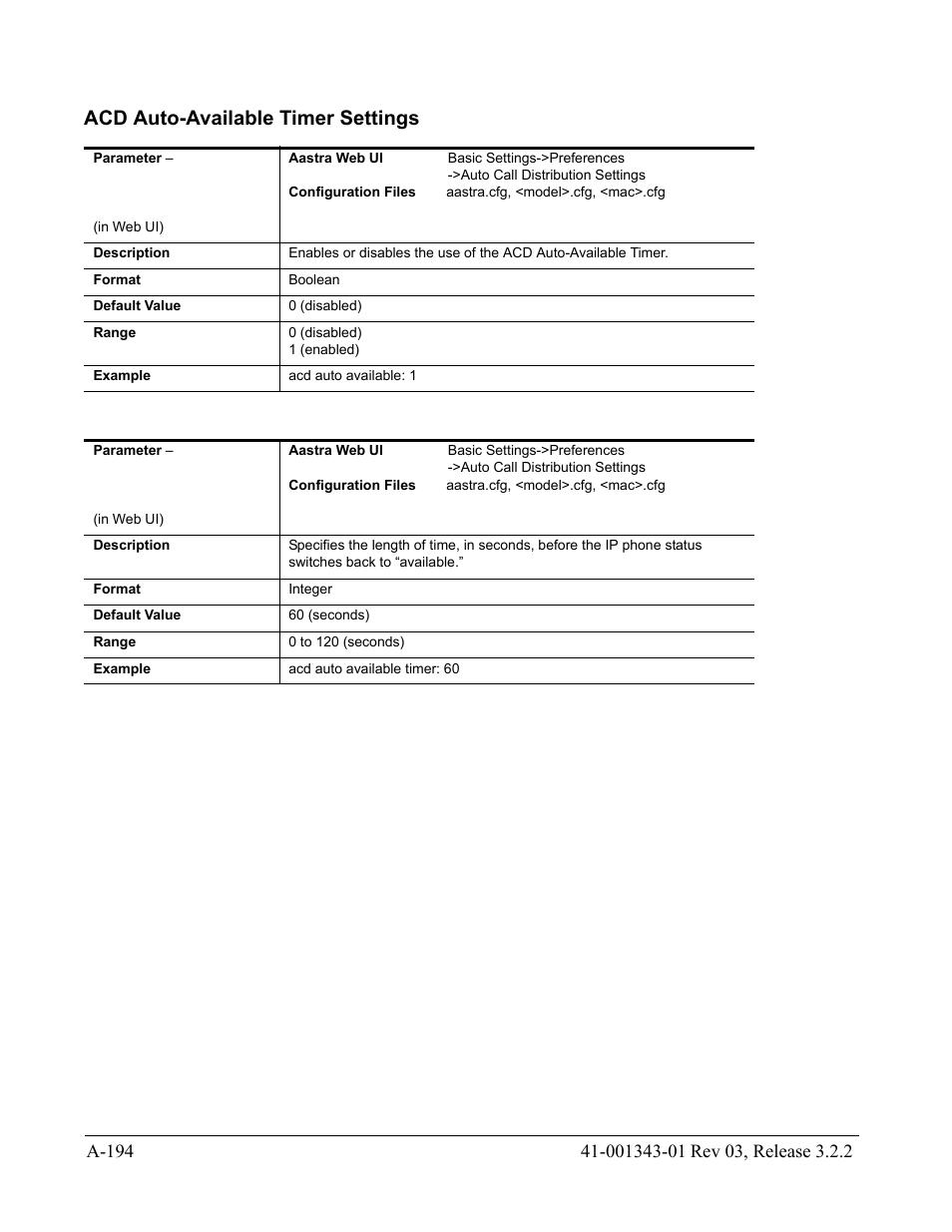 Acd auto-available timer settings, Auto-available timer settings | AASTRA 6700i series, 9143, 9480i, 9480i CT SIP Administrator Guide EN User Manual | Page 925 / 1049