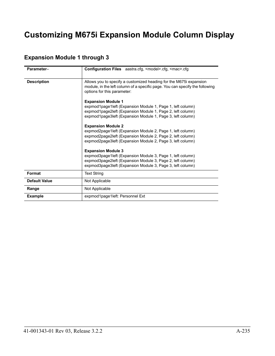 Customizing m675i expansion module column display, Expansion module 1 through 3 | AASTRA 6700i series, 9143, 9480i, 9480i CT SIP Administrator Guide EN User Manual | Page 966 / 1049